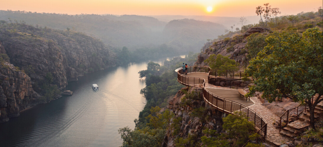 Tourists on platform overlooking gorge